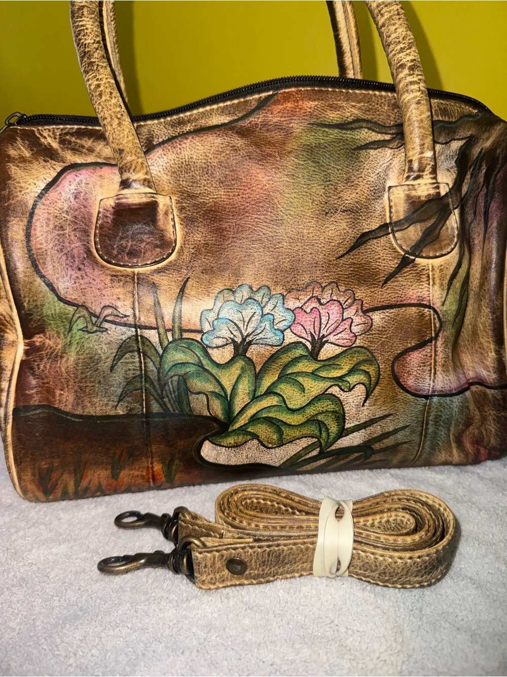 Hand-Painted Floral Leather Satchel in Brown and Multicolor - Picture 15 of 15